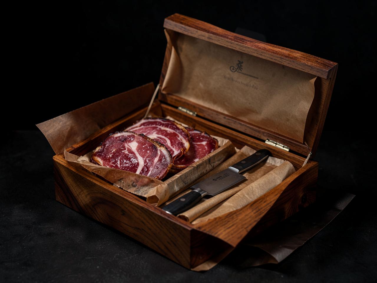 Coffret bois avec jambon, planche et couteau