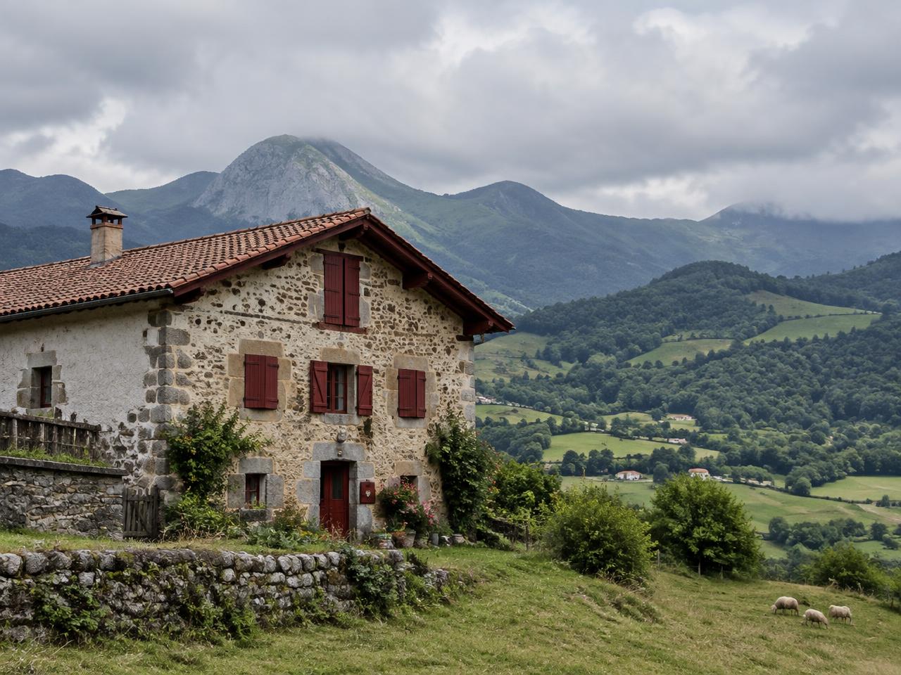 Ferme basque en vieille pierre aux volets rouges