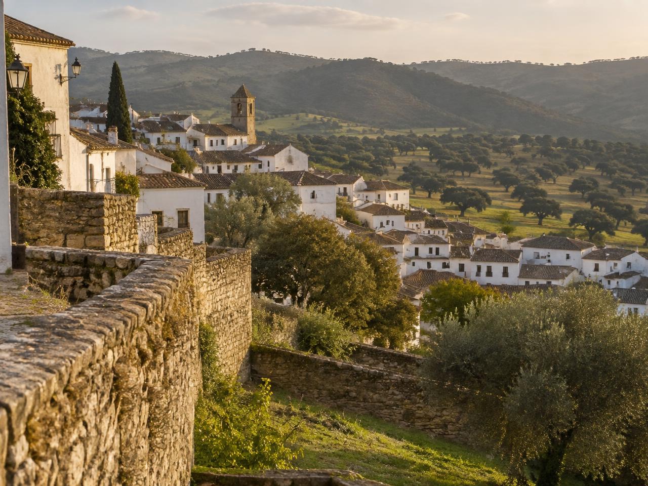 Village blanc andalou et dehesa de chênes-lièges