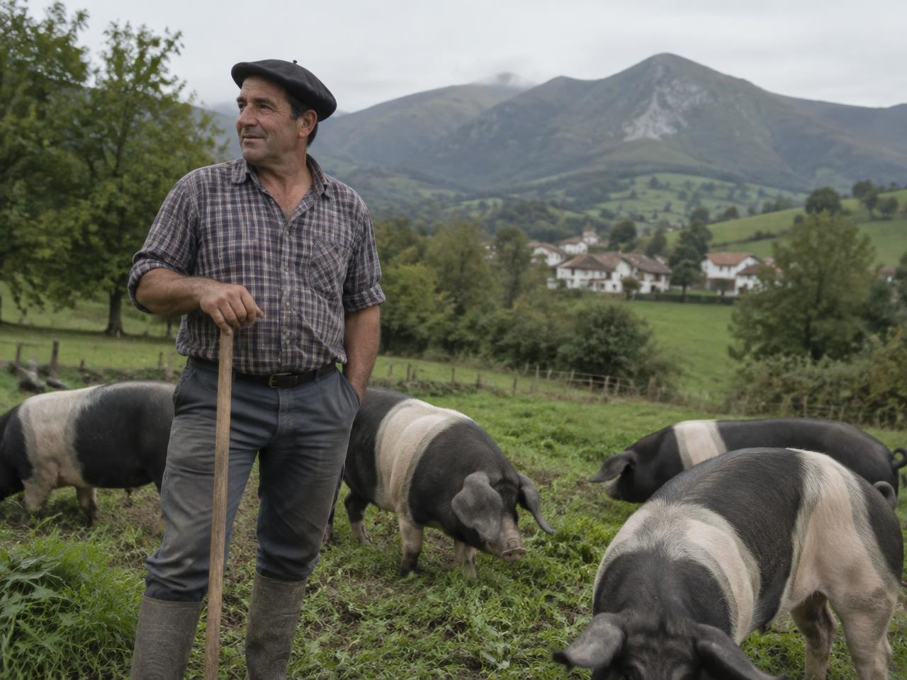 Éleveur basque et porcs pie noir dans la vallée des Aldudes