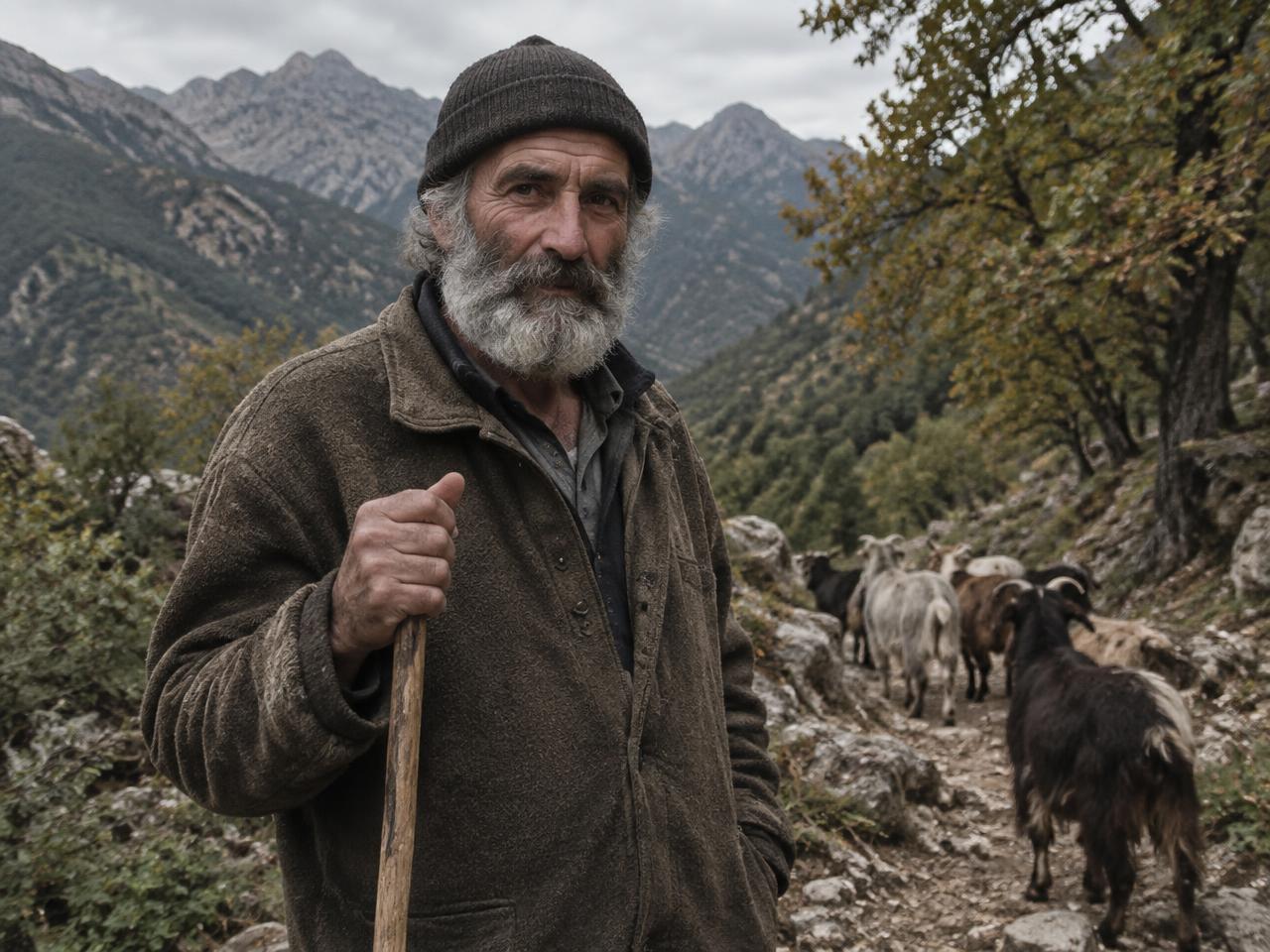 Berger corse sur un sentier de montagne dans le maquis