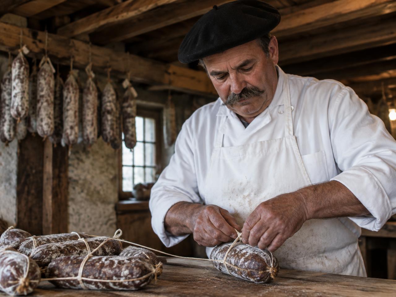 Charcutier français ficelant des saucissons dans son atelier